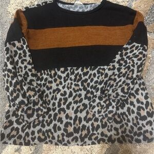 Leopard Print Sweater with Black and Brown Stripes